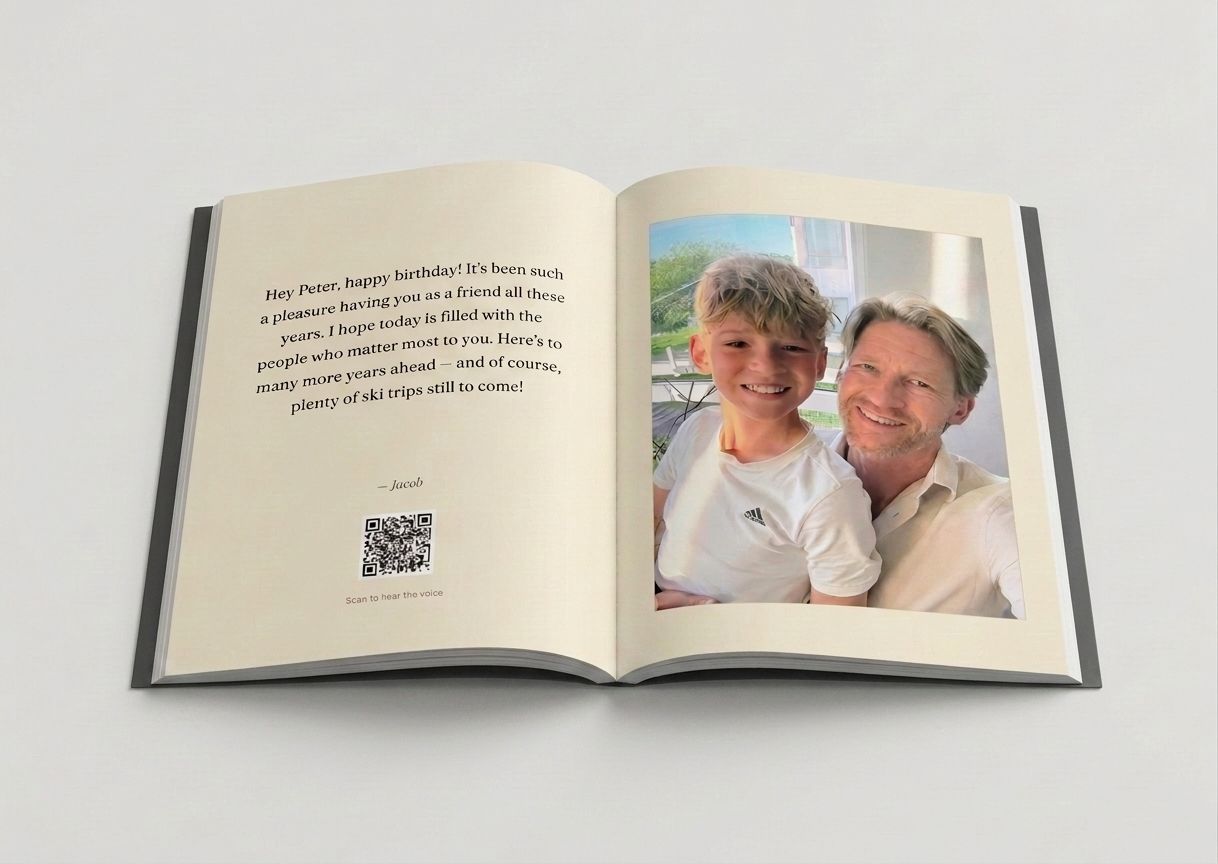 Inside a softcover spread with QR voices