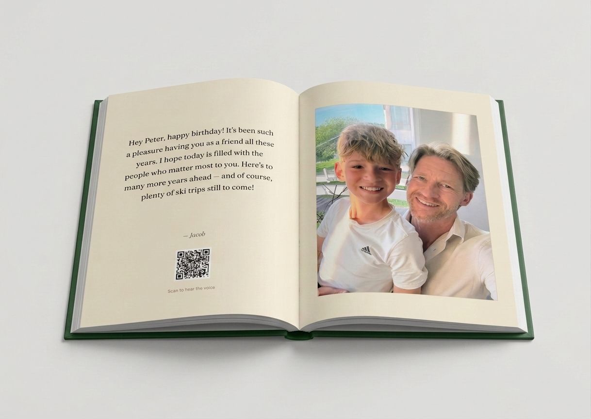 Inside a spread — a greeting, a QR that plays their real voice, and their photo