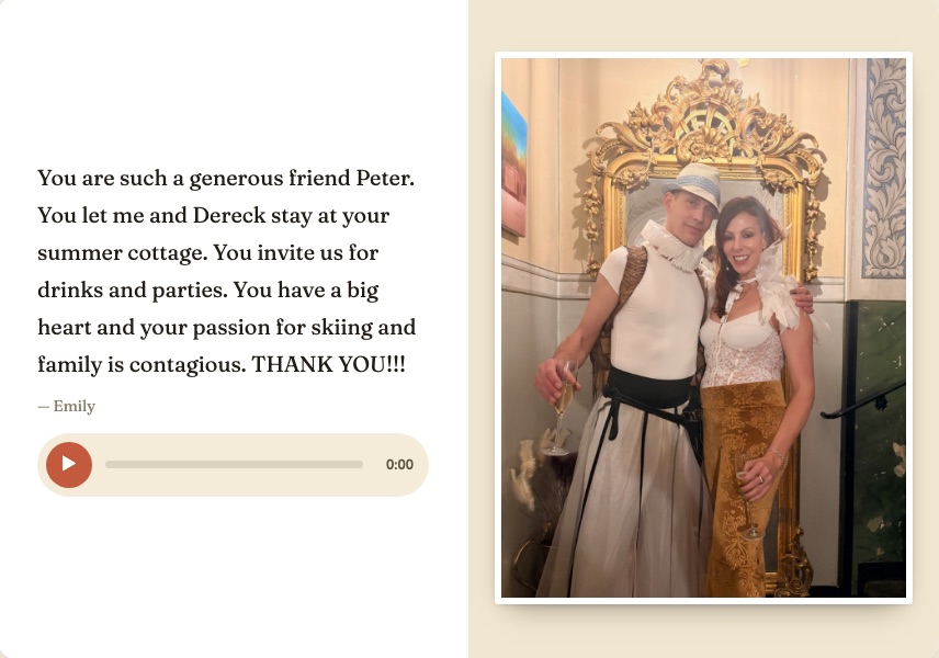 A page in the digital book — a greeting, a photo and a play button for their real voice
