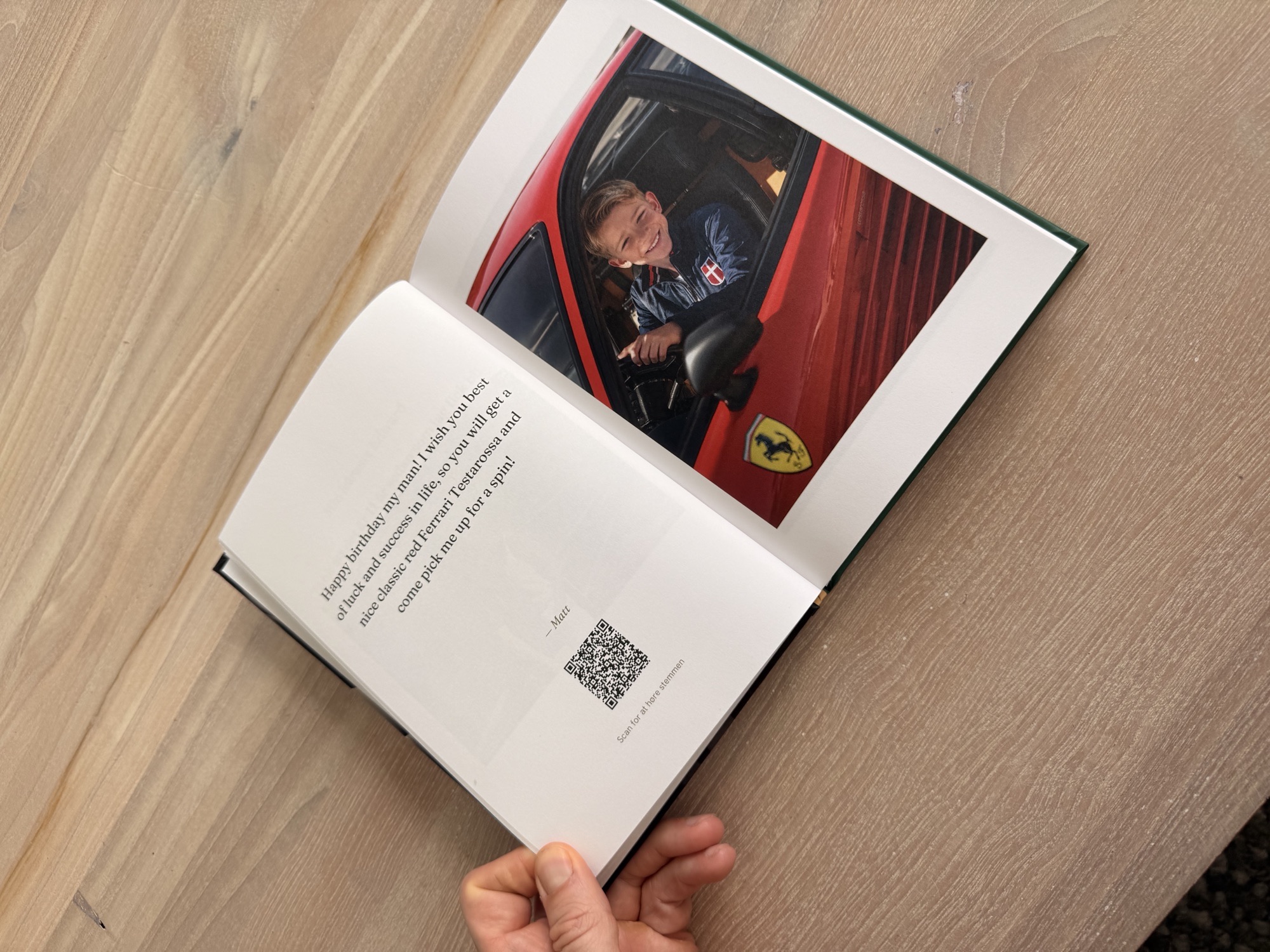 An open spread — a message, a photo and the QR that plays their voice