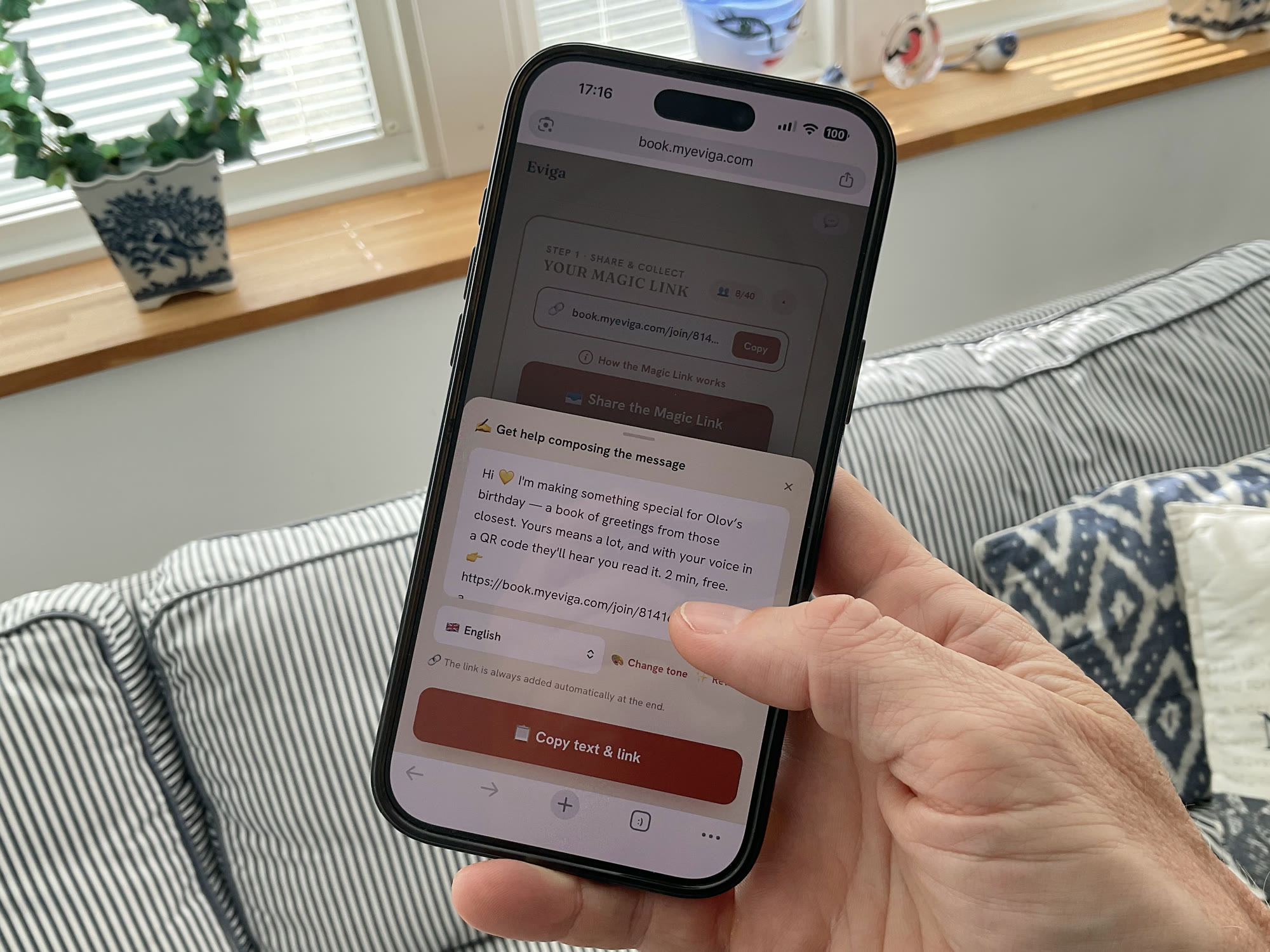 A phone showing the invite link, ready to send to family and friends